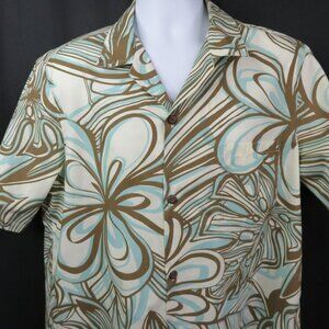 Y Not Hawaii Hawaiian Shirt Mens L  Aloha Cotton Mod  Floral Aqua Brown Vintage